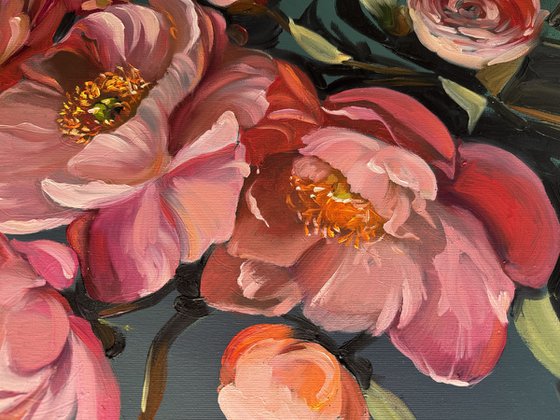 Dramatic Pink Peonies on Dark Teal