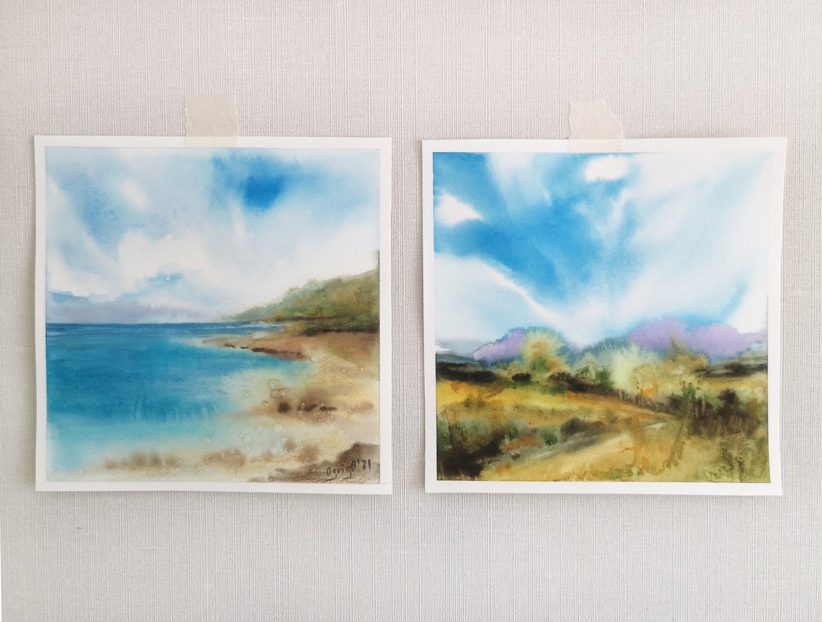 Landscape, mountain and sea scenery, small painting set by Olya Grigo