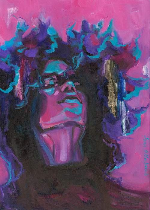 YOU ARE BLOOMING - African American wall art, black woman portrait, colorful contemporary original oil painting, purple pink canvas by Anna Miklashevich