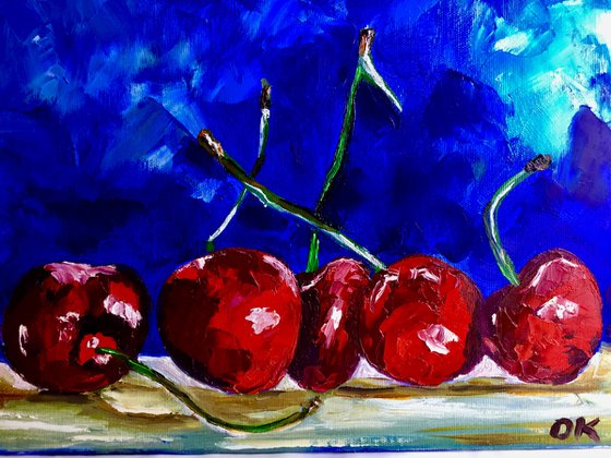 Cherries. Still life. Palette knife painting on linen canvas