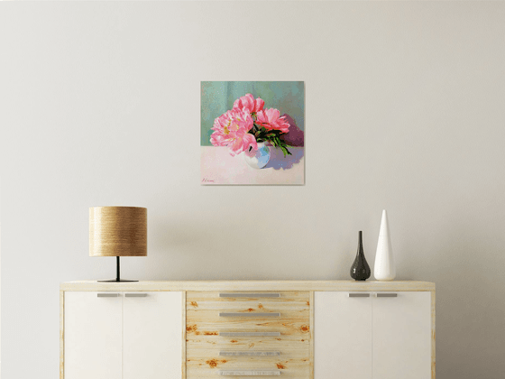 "Coral pink peonies." still life peony Coral pink old vase summer  liGHt original painting  GIFT (2020)