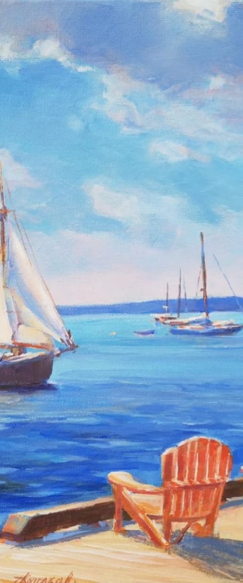 Dancing sails 2 (12×12×2")  Original, one of a kind, acrylic on gallery-wrapped canvas impressionistic style painting by Alexander Koltakov