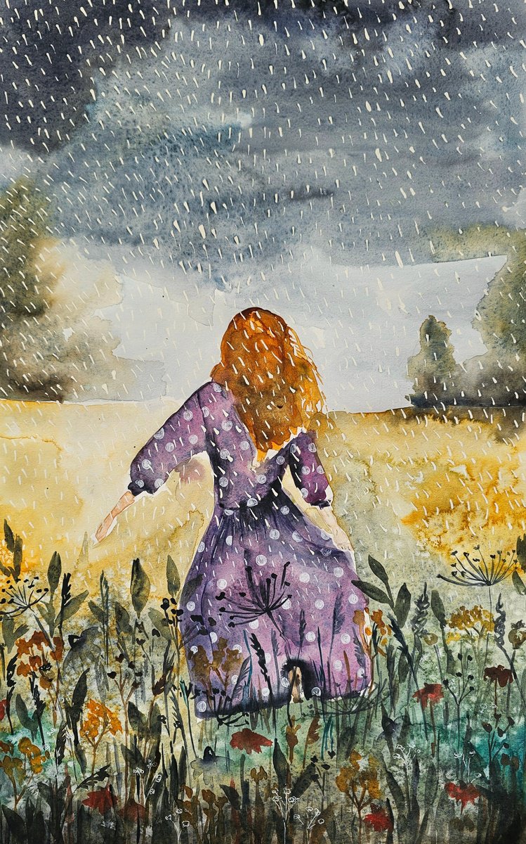 Surrealistic Portrait Watercolour By Evgenia Smirnova, 15 X 22, Dancing In The Rain, Original Artwork
