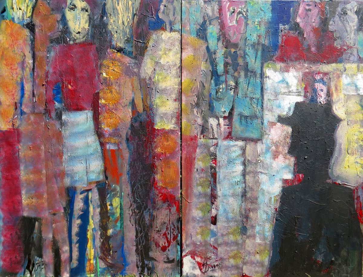 Expressive Portrait Acrylic Painting By Jacques Donneaud, 55 X 45, Nocturnal Meeting, Original Artwork