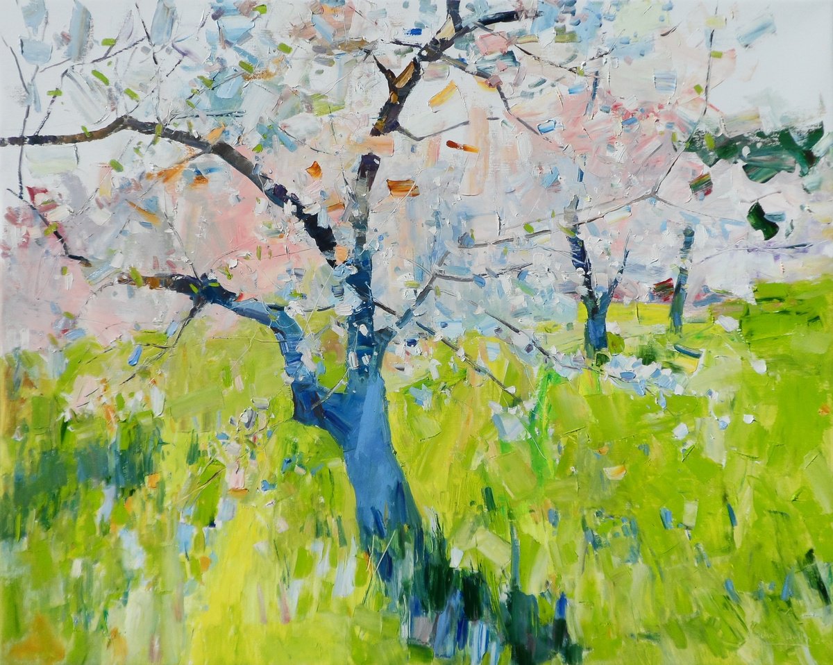 Impressionistic Landscape Oil Painting By Yehor Dulin, 39 X 31", " Spring Garden ", Original Artwork