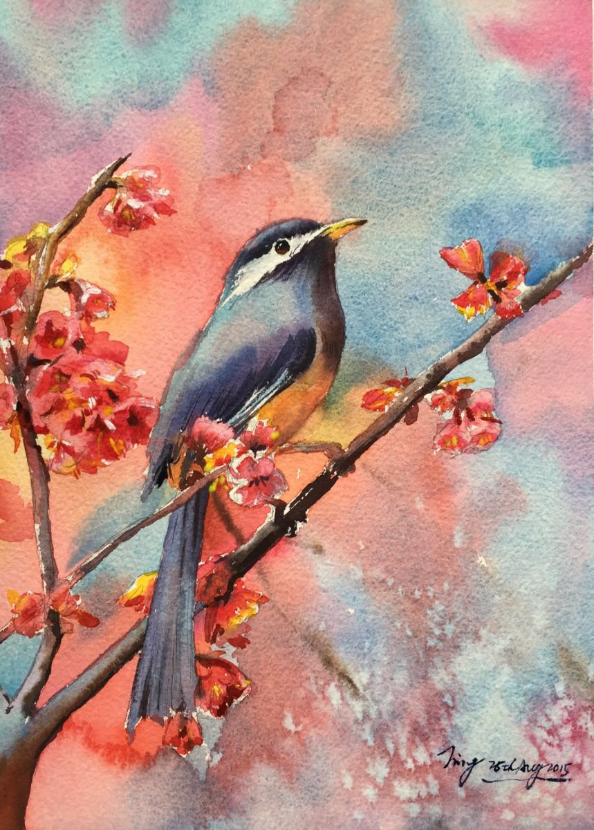 Impressionistic Animal Watercolour By Jing Chen, 9 X 12, Bird On A Branch 2, Original Artwork