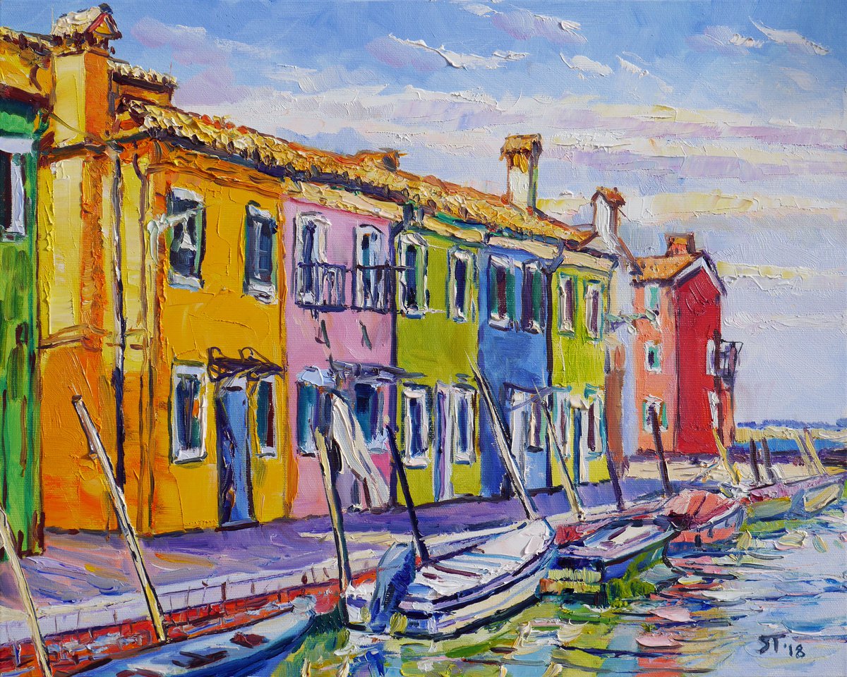 Vibrant houses and boats  original oil painting, ready to hang, water wall decor, gift i... by Tashe