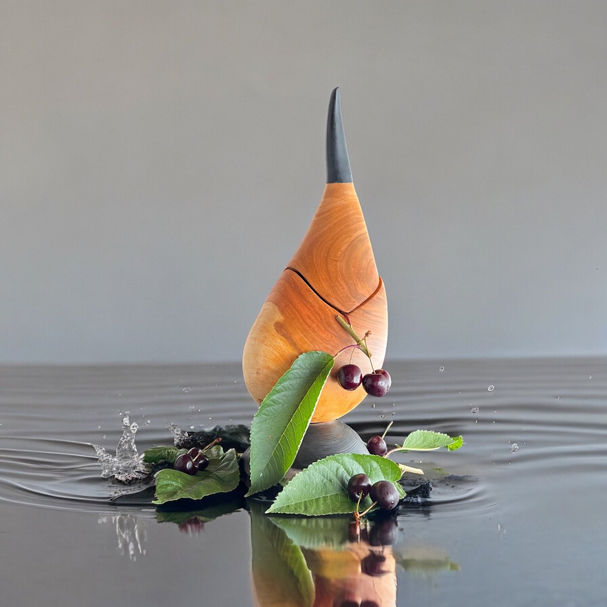 Organic Botanical Wood Sculpture By Roland Kopfer, 7 X 17", Wild Cherry Drop 1091, Original Artwork