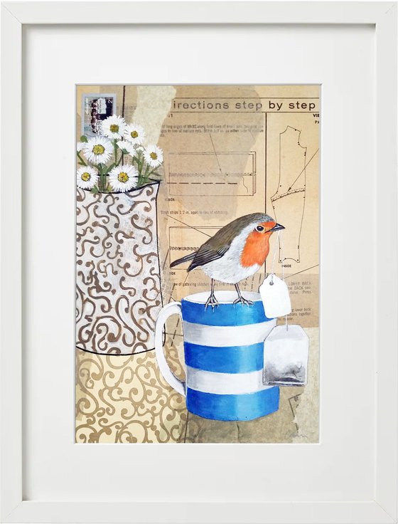 Robin says "it's time for tea"  -  Framed ready to hang original artwork