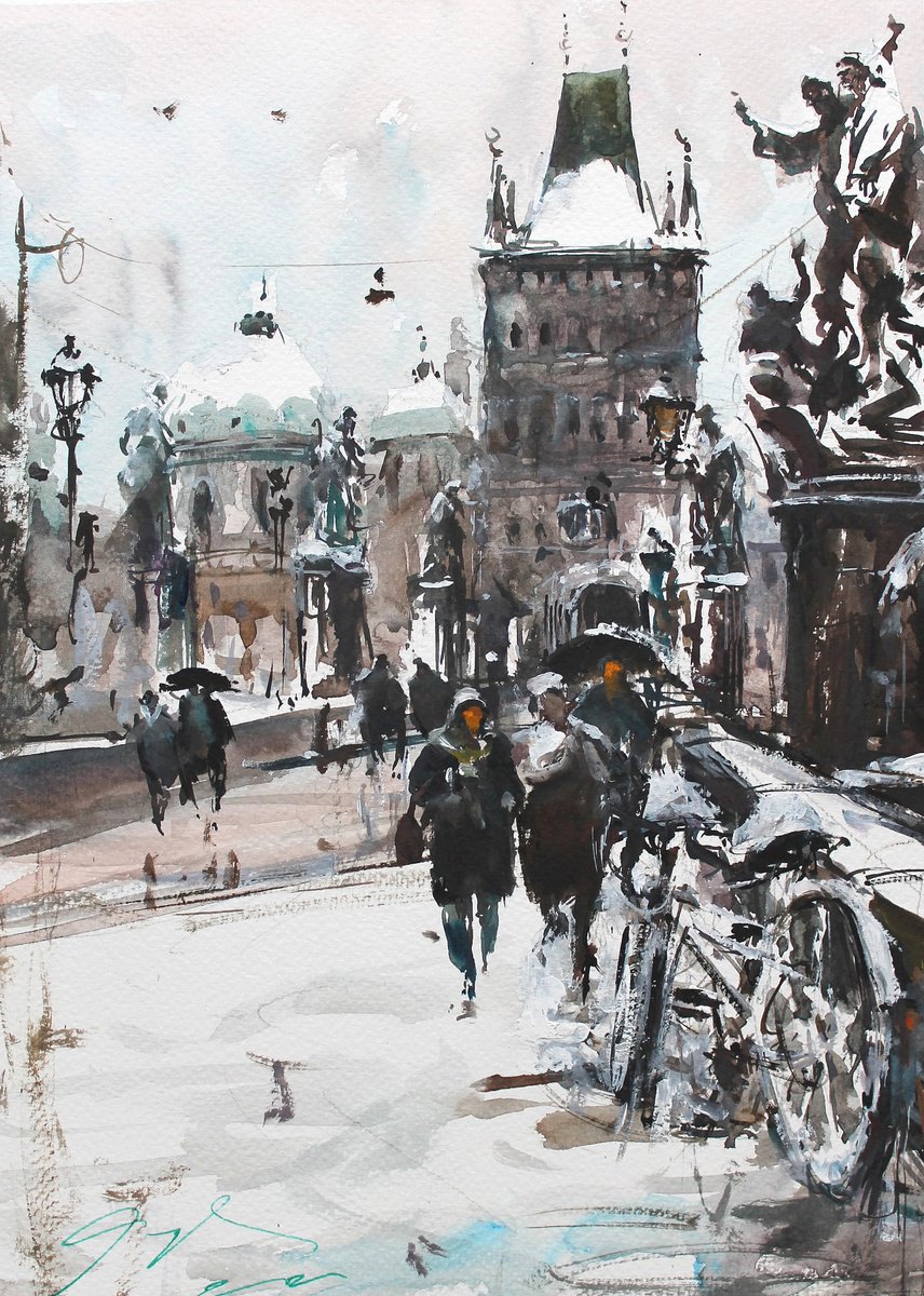 Impressionistic Cityscapes Watercolour By Maximo Damico, 11 X 15", Winter Holiday In Prague, Original Artwork