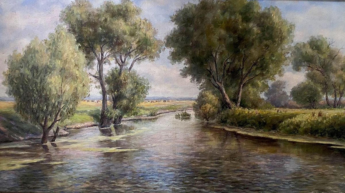 Impressionistic Landscape Oil Painting By Oleg And Alexander Litvinov, 23 X 13", On The River, Original Artwork