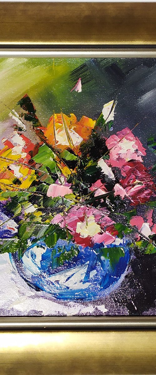 Abstract flowers, original small framed oil painting, gift idea, palette knife painting by Nataliia Plakhotnyk