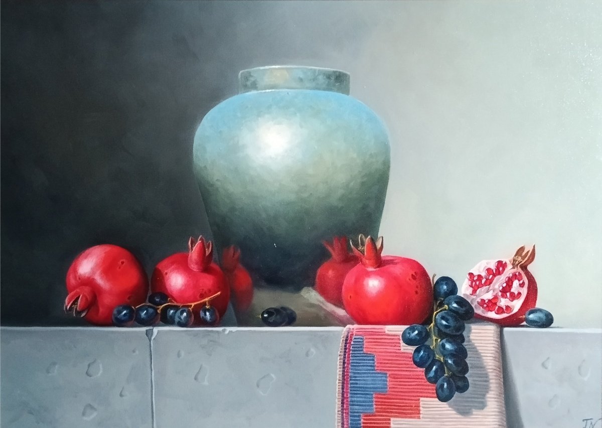 Photorealistic Still Life Oil Painting By Tamar Nazaryan, 28 X 20", Still Life With Pomegranates, Original Artwork
