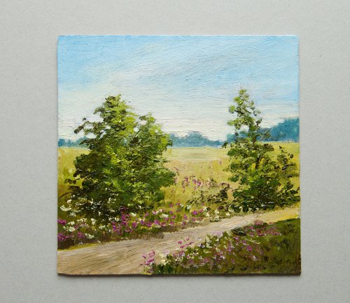 Country landscape. Oil painting. Small original Art. 6 x 6 by Tetiana Vysochynska