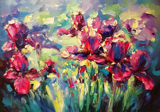 "Irises in the garden" original artwork by Artem Grunyka