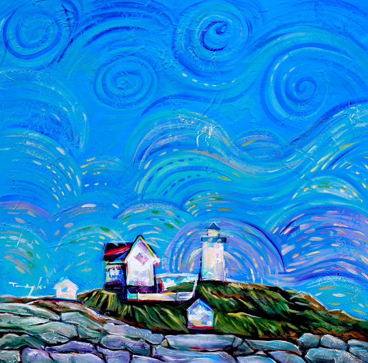 Impressionistic Landscape Acrylic Painting By Trayko Popov, 20 X 20", Hot Summer Wind. Lighthouse. Island., Original Artwork