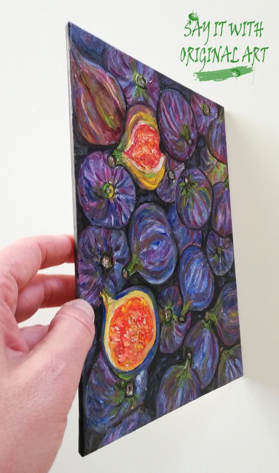 "Figs on Black Surface" Original Oil on Canvas Board Fruit Painting 7 by 10" (18x24cm)