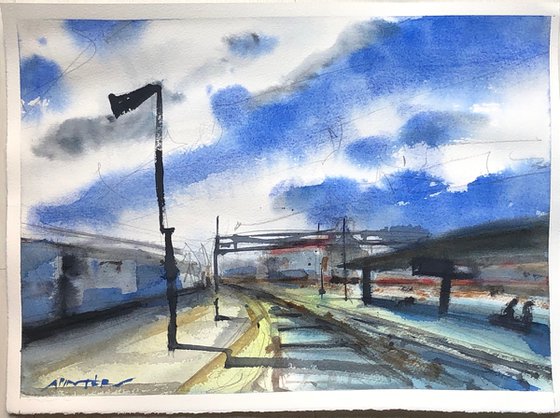 Train station under the striped sky (27 x 37)