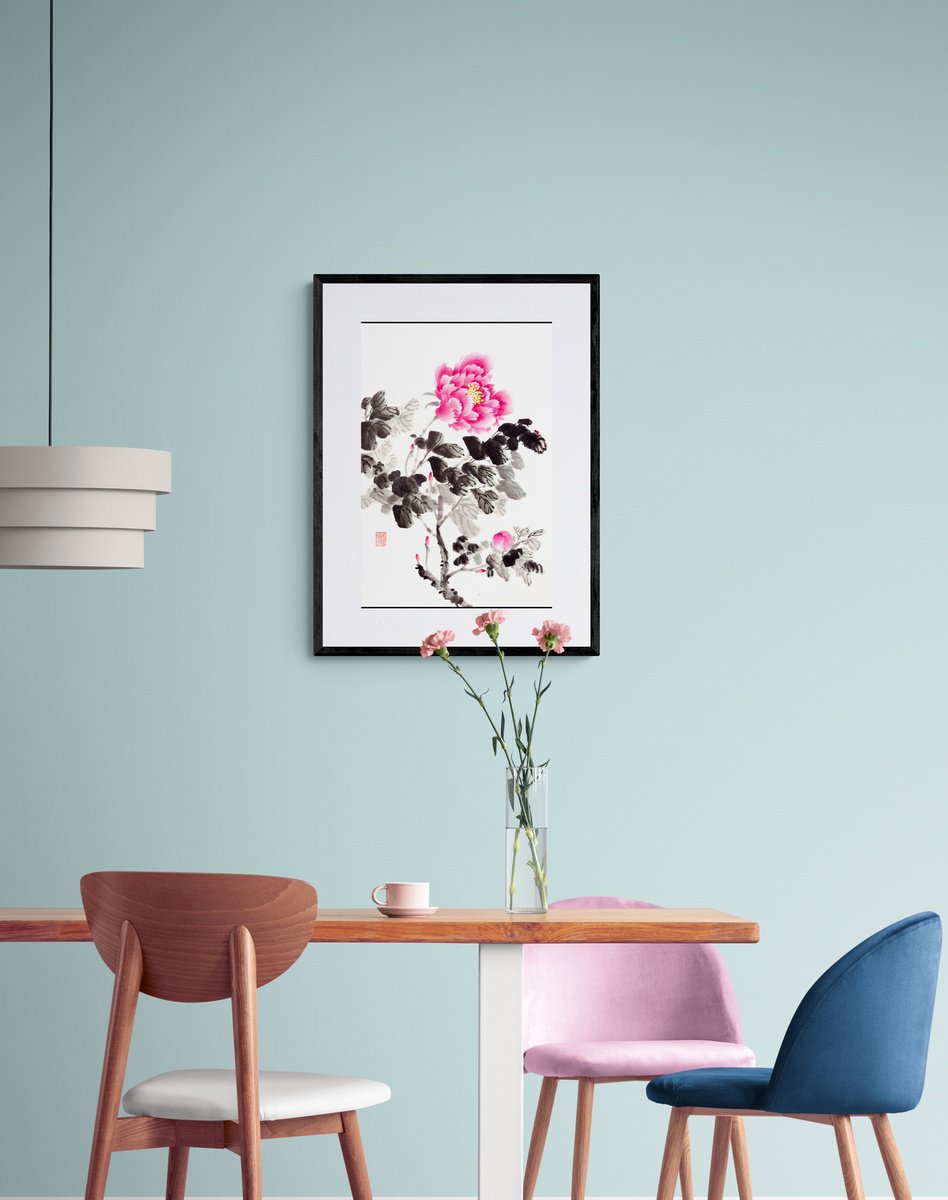 Impressionistic Botanical Watercolour By Ilana Shechter, 14 X 20, Red Peony And Ladybug, Original Artwork