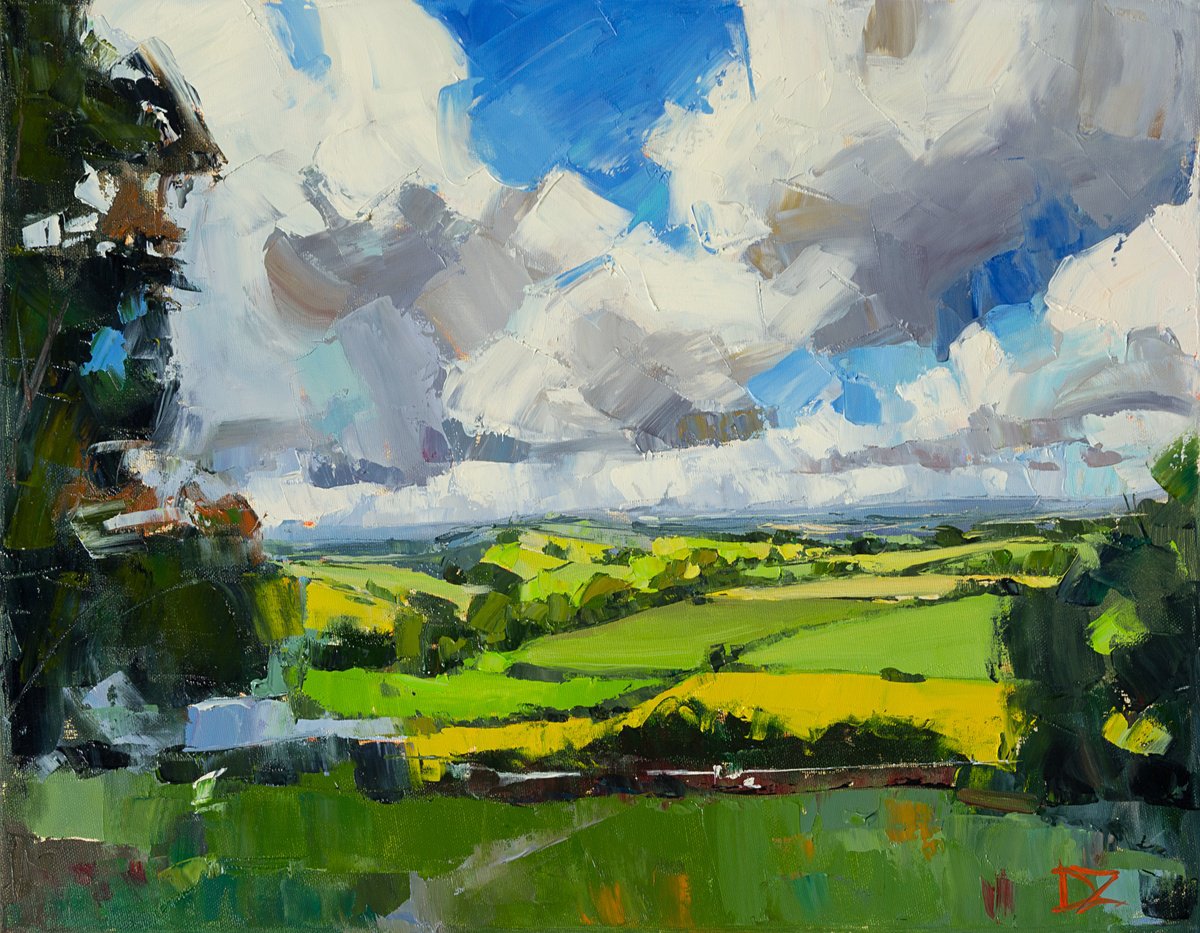 Impressionistic Landscape Oil Painting By Daria Zavadenko, 18 X 14, Fields Under Flying Clouds, Original Artwork