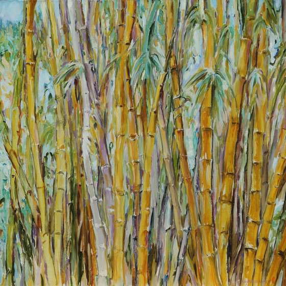 SINGING BAMBOO №1 - large original oil painting, panel, plants and trees, landscape art, home interior decor. 146х146