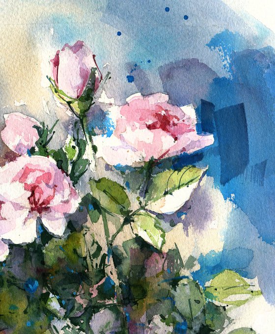 "Melody of a clear sky" bouquet of delicate light pink garden roses impressionism watercolor