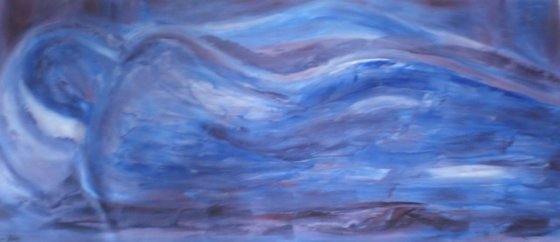 Horizontal painting, Oil Painting in shades of Blue, Dimension in Blue.
