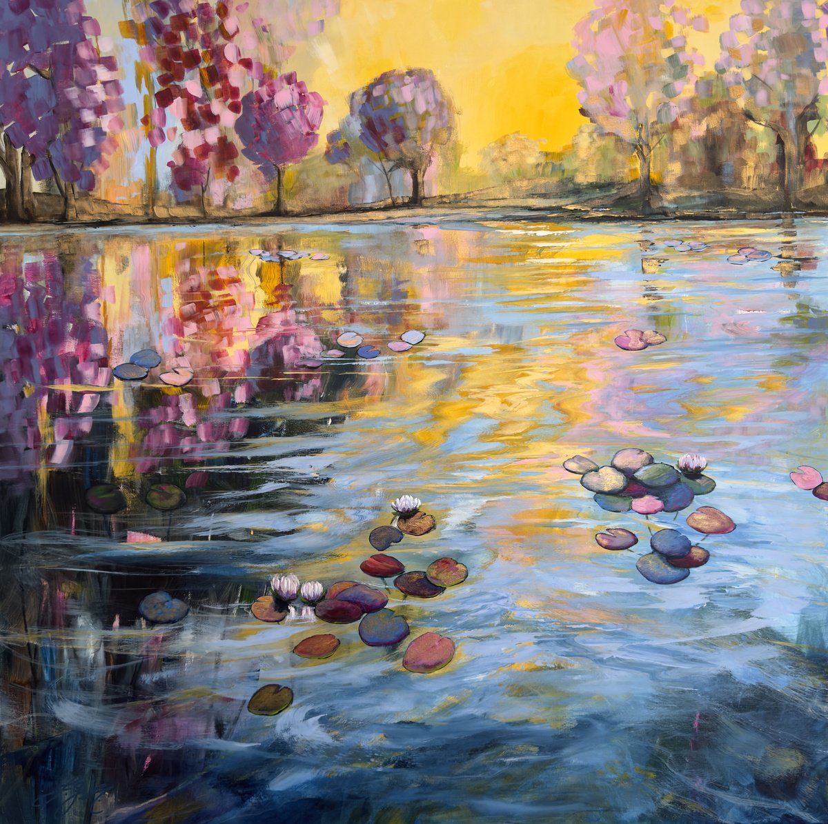 Impressionistic Botanical Acrylic Painting By Sandra Gebhardt-Hoepfner, 31 X 31", My Love For Water Lilies 8, Original Artwork