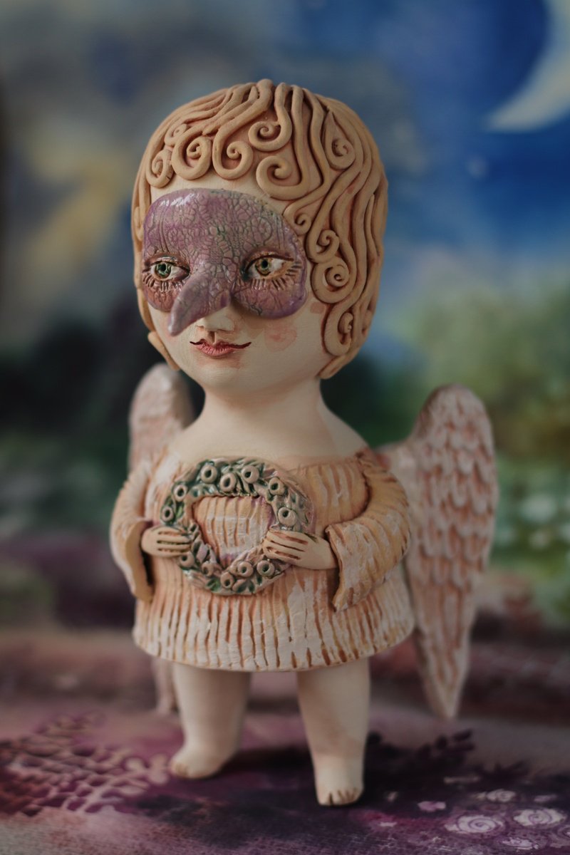 Angel with a mask. Ceramic OOAK sculpture. Clay sculpture by Elya ...