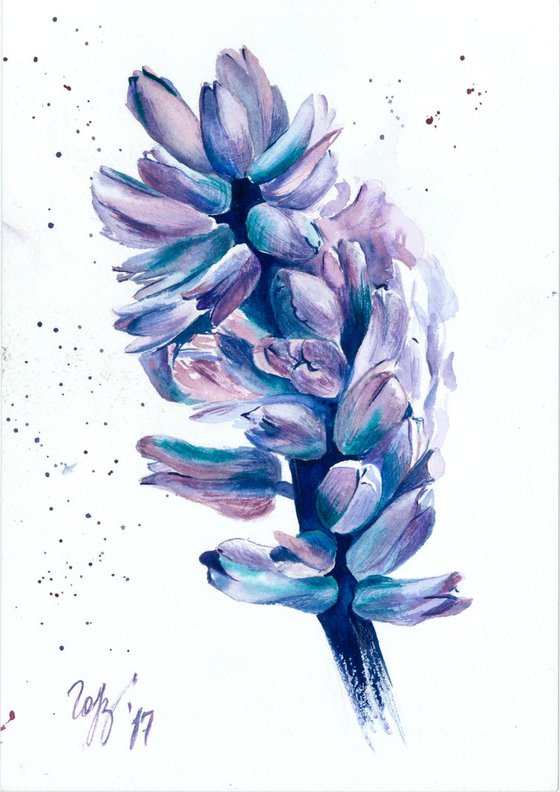 Purple Hyacinth. Original watercolor. Small artwork purple flower botanical realism illustration