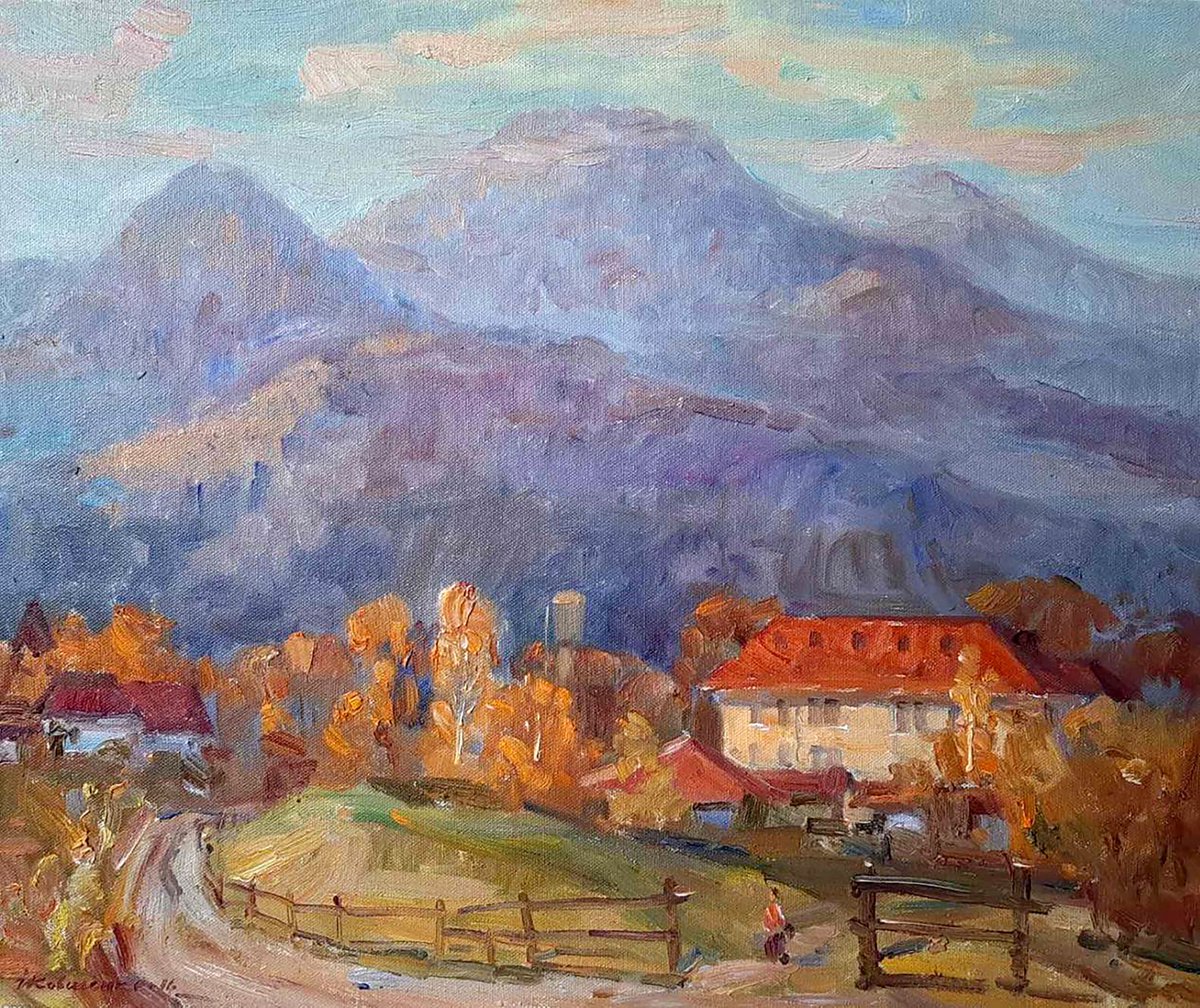 Impressionistic Landscape Oil Painting By Ivan Kovalenko, 24 X 20, Village In The Mountains, Original Artwork