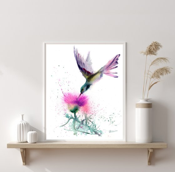 Hummingbird with pink flower