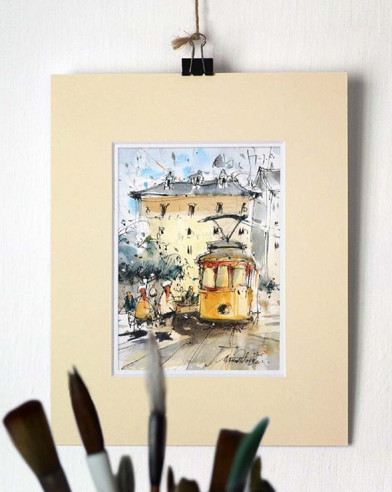 Lisbon Yellow Tram, ink lines and watercolor wash.