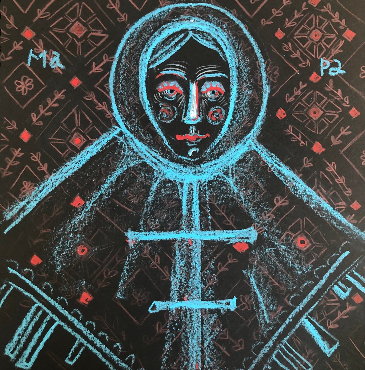 Portrait Pastel Drawing By Yuliia Chaika, 11 X 11", - Mara” Small Blue Drawing, Original Artwork