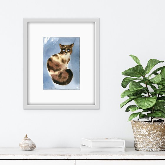 Cat life. Portrait of a blue-eyed spotted cat. Original watercolor artwork.