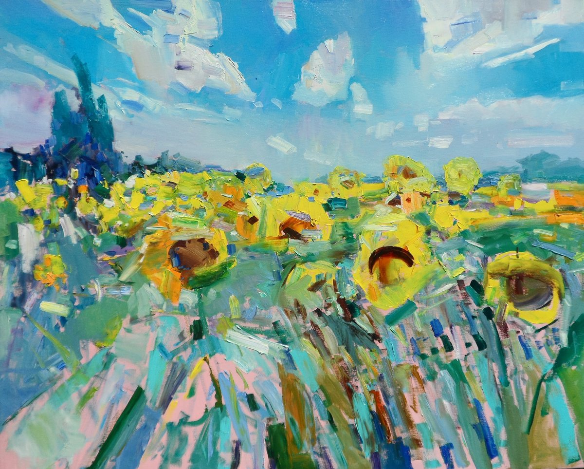 Impressionistic Botanical Oil Painting By Yehor Dulin, 39 X 31", " Sunflowers", Original Artwork