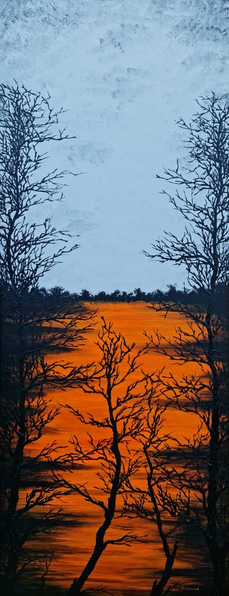 Impressionistic Landscape Acrylic Painting By Daniel Urbani?k, 12 X 31, Sun In The Lake 5, Original Artwork