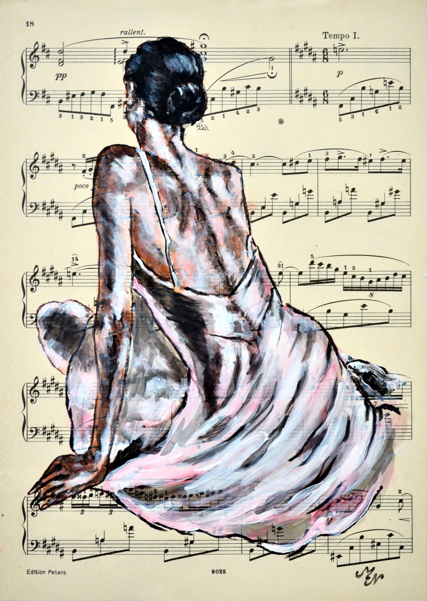 Expressive Portrait Collage By Misty Lady - M. Nierobisz, 8 X 11", Ballerina Iii- Music Page, Original Artwork