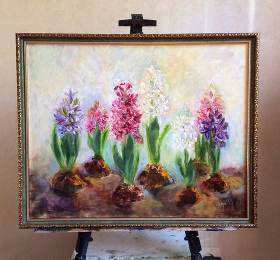 Flowers oil painting - Floral original artwork - Hyacinths framed canvas - Gift idea for woman