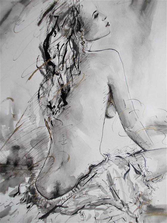 Moonlight Repose- Woman-Figurative Ink Drawing on Paper