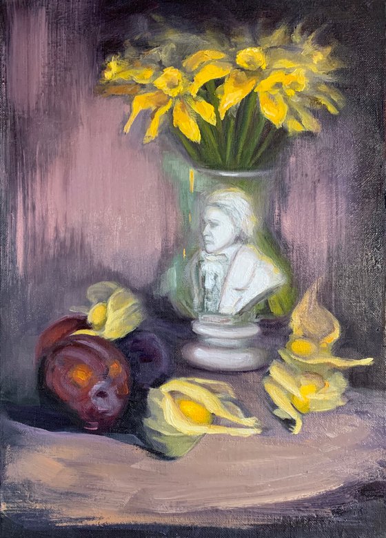 Still life with daffodils and Beethoven statue