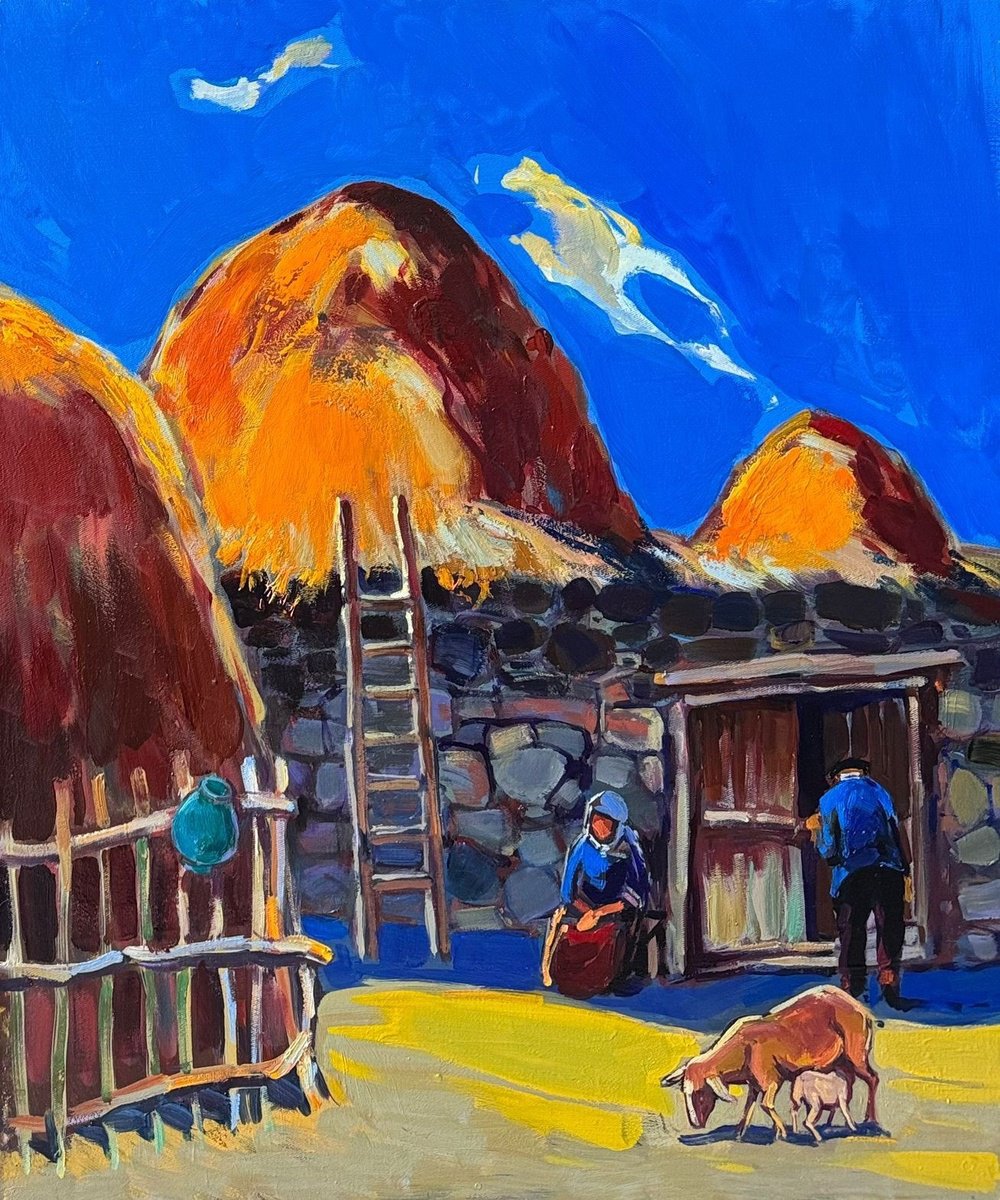Original Oil Painting - Sunlit Highland Homestead by Mher Chatinyan