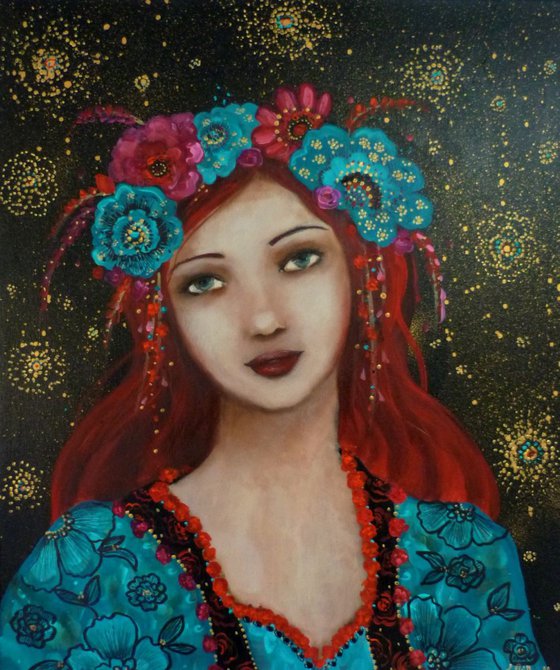 Sweet Norma, acrylic on canvas , bohemian redhair woman