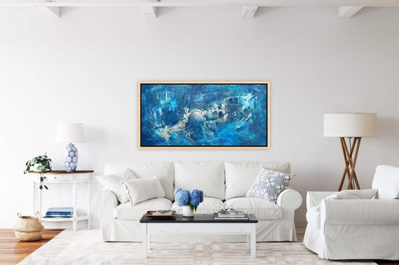 Large Blue Abstract Seascape Textured Painting Blue, Silver, Gold. Modern Art with Heavy Texture. Abstract Landscape Contemporary Artwork for Livingroom or Bedroom