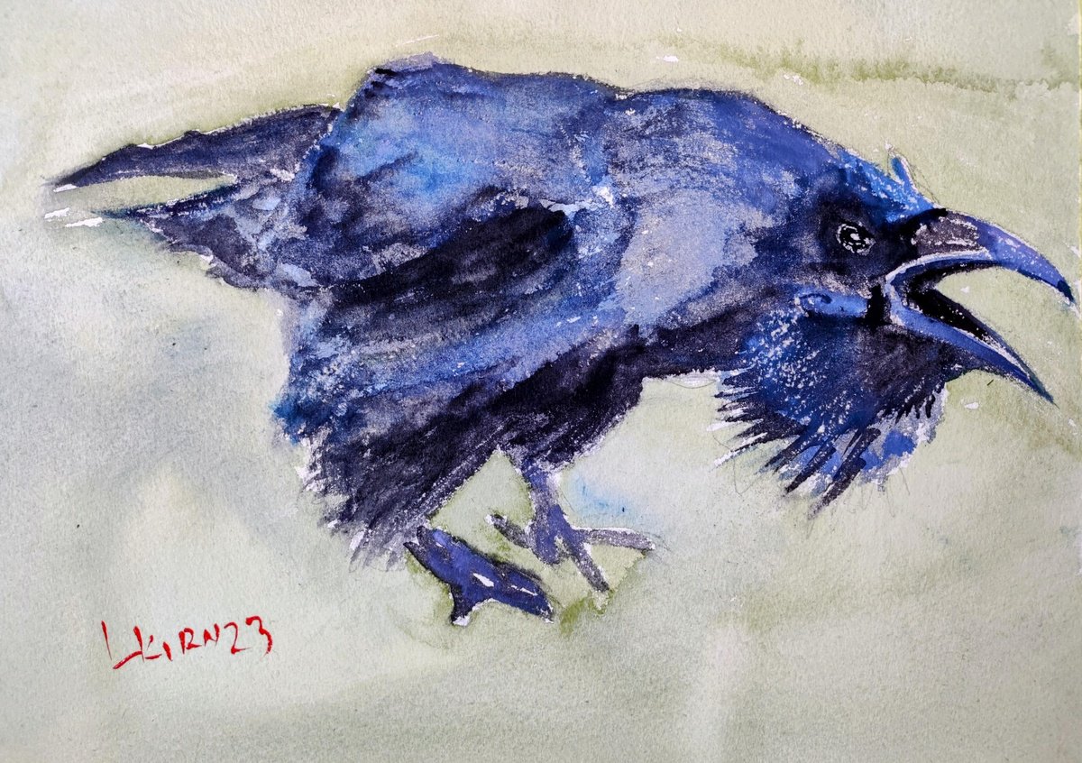Impressionistic Animal Watercolour By Leonid Kirnus, 14 X 10", The Raven, Original Artwork