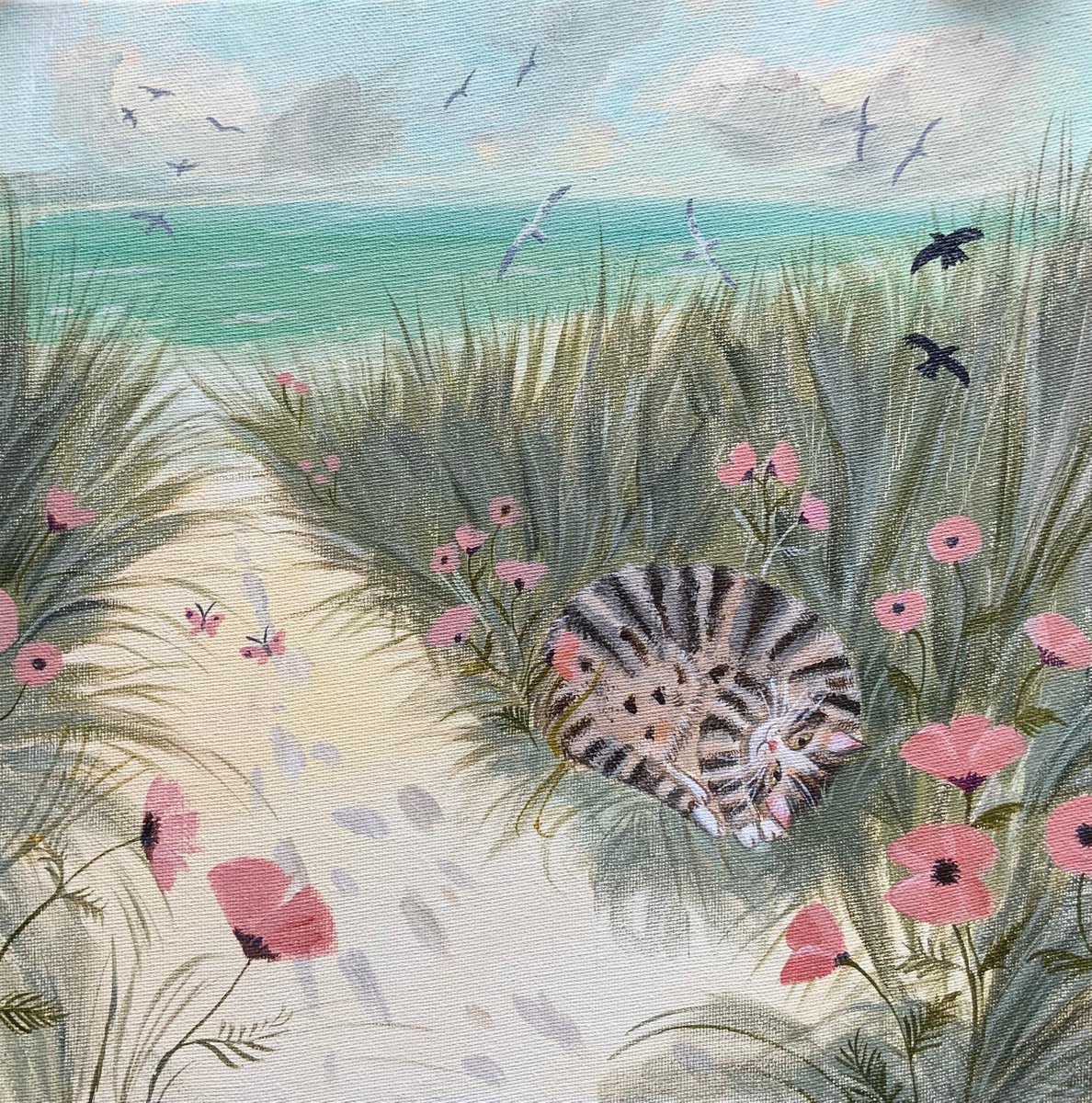 On the beach- tabby cat painting by Mary Stubberfield