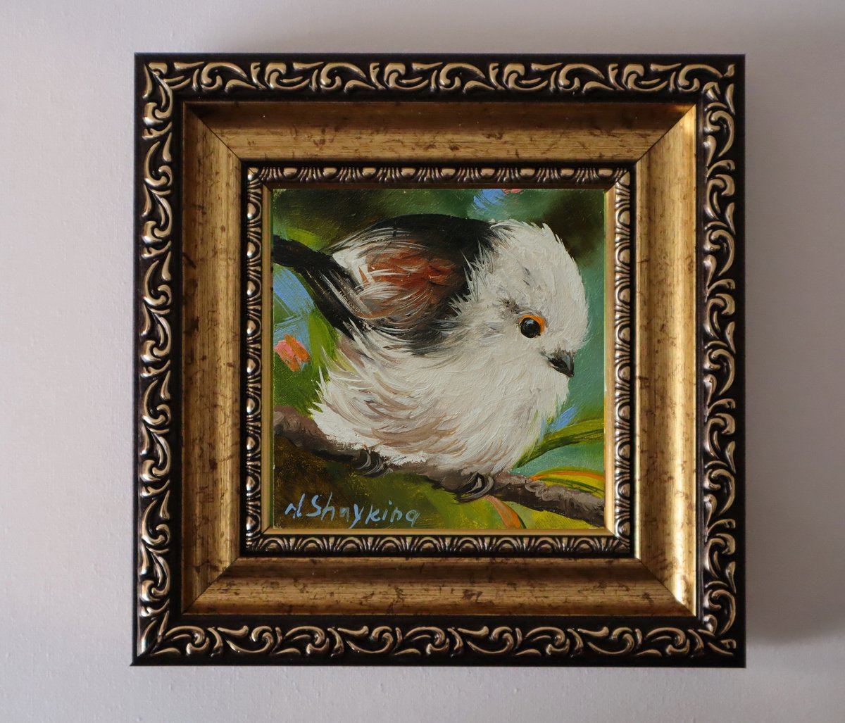 Bird - Silver-throated Bushtit - Original Art of Oil Painting 4x4, Animal Wildlife by Natalia Shaykina