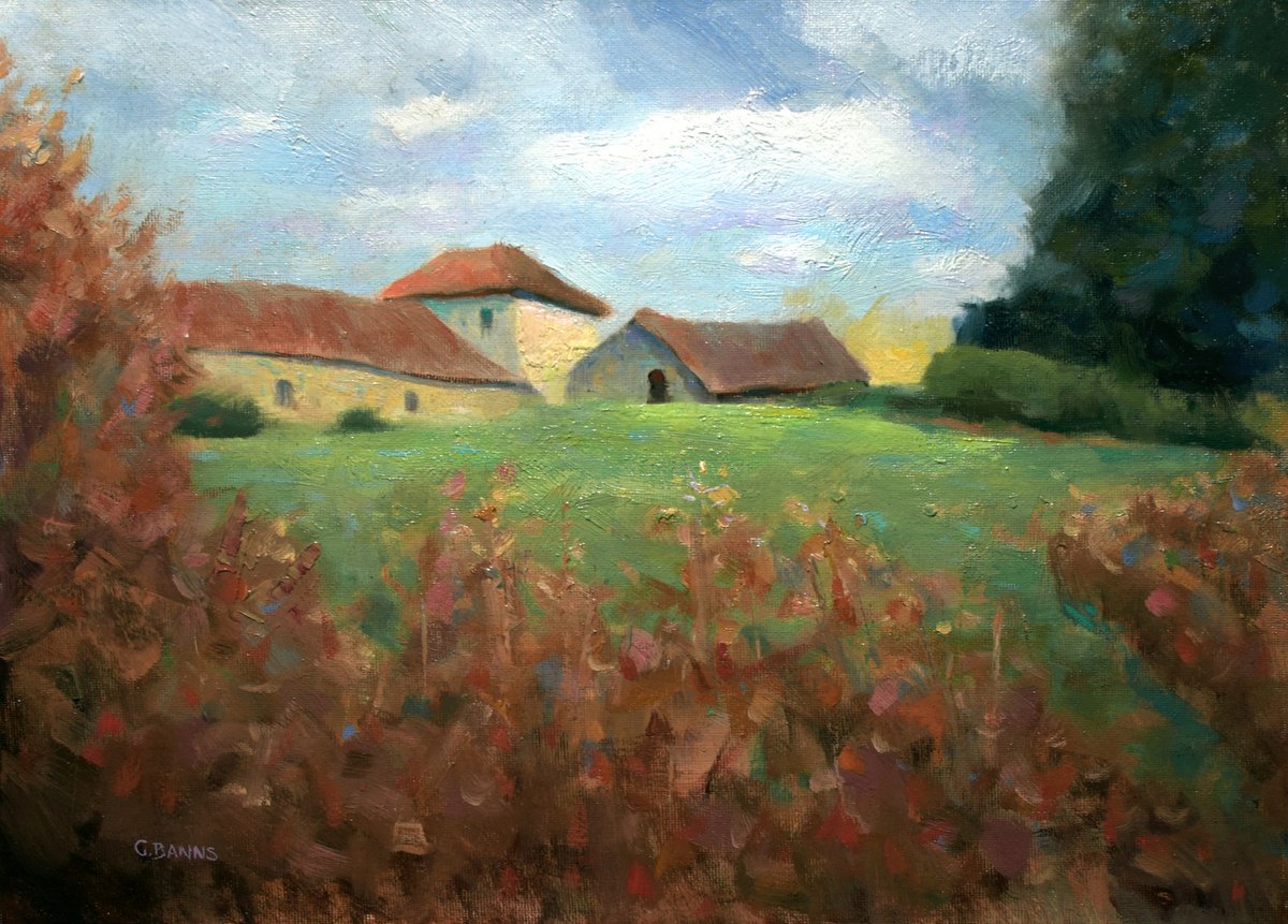 Impressionistic Landscape Oil Painting By Gav Banns, 13 X 9, Old Farmhouse And Outbuildings, Original Artwork