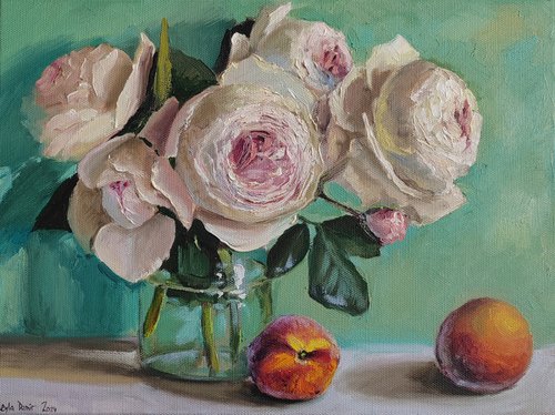 White Roses whith peach original canvas oil painting flower Still Life 12x16'' by Leyla Demir