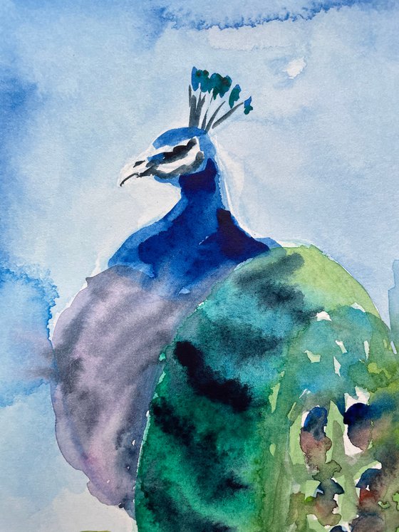 Peacock Watercolor Painting, Bird Original Artwork, Colorful Wall Art, Boho Home Decor